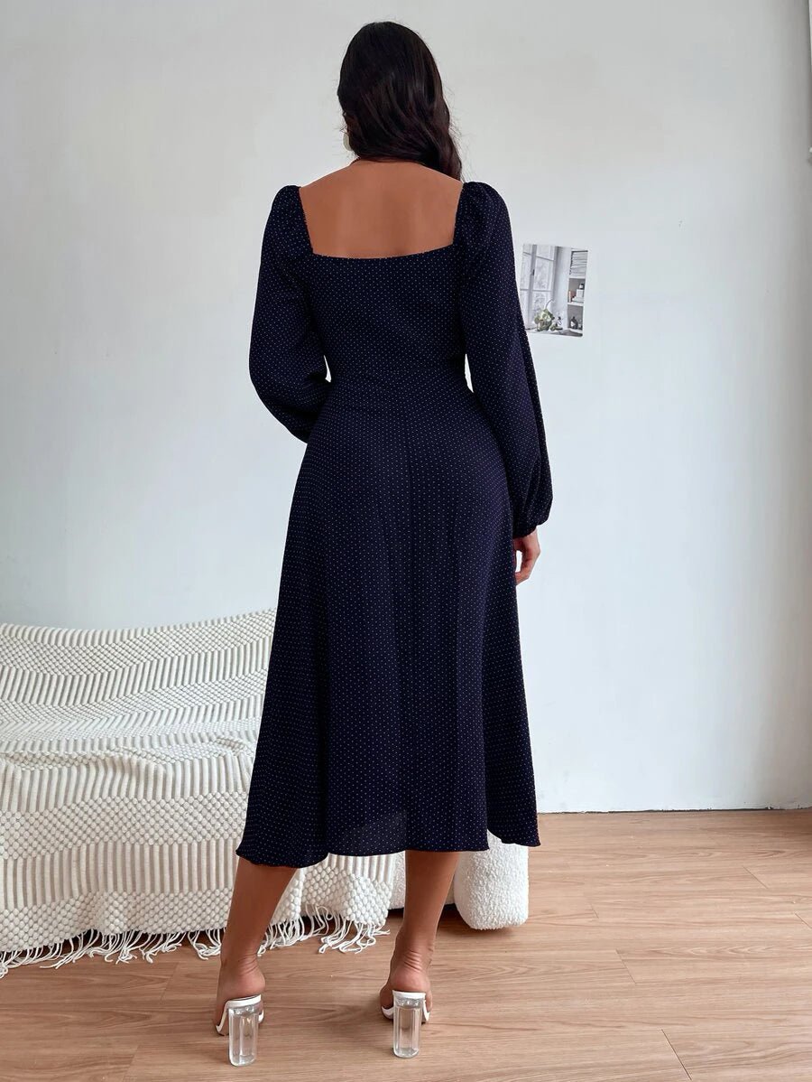 Buy Shein Polka Dot Print Knot Front Lantern Sleeve Dress in Pakistan