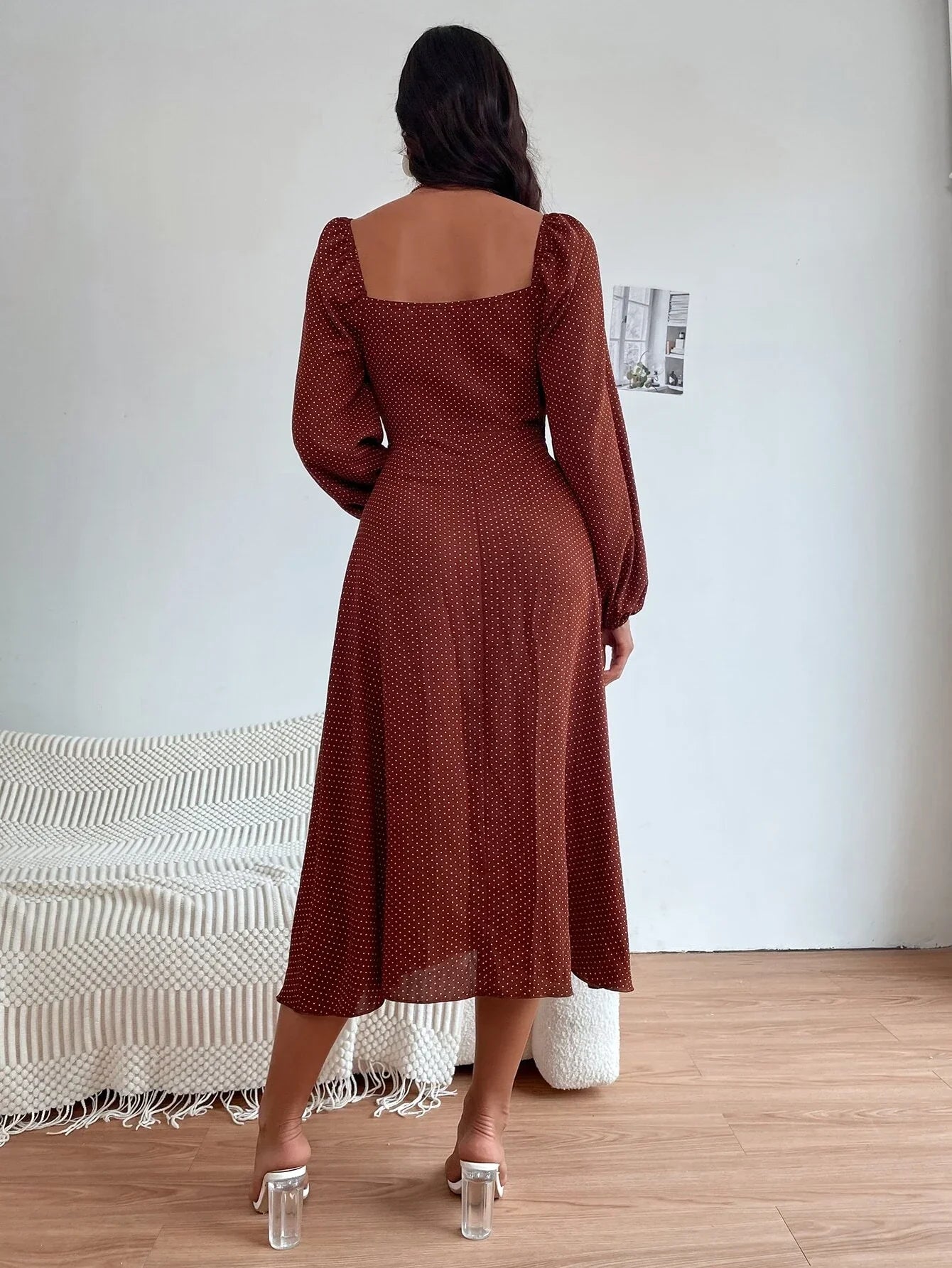 Buy Shein Polka Dot Print Knot Front Lantern Sleeve Dress in Pakistan