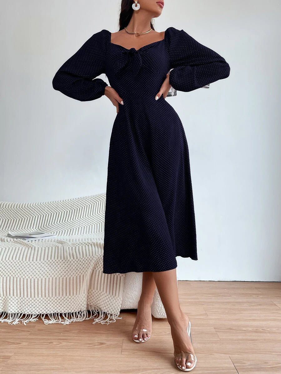 Buy Shein Polka Dot Print Knot Front Lantern Sleeve Dress in Pakistan