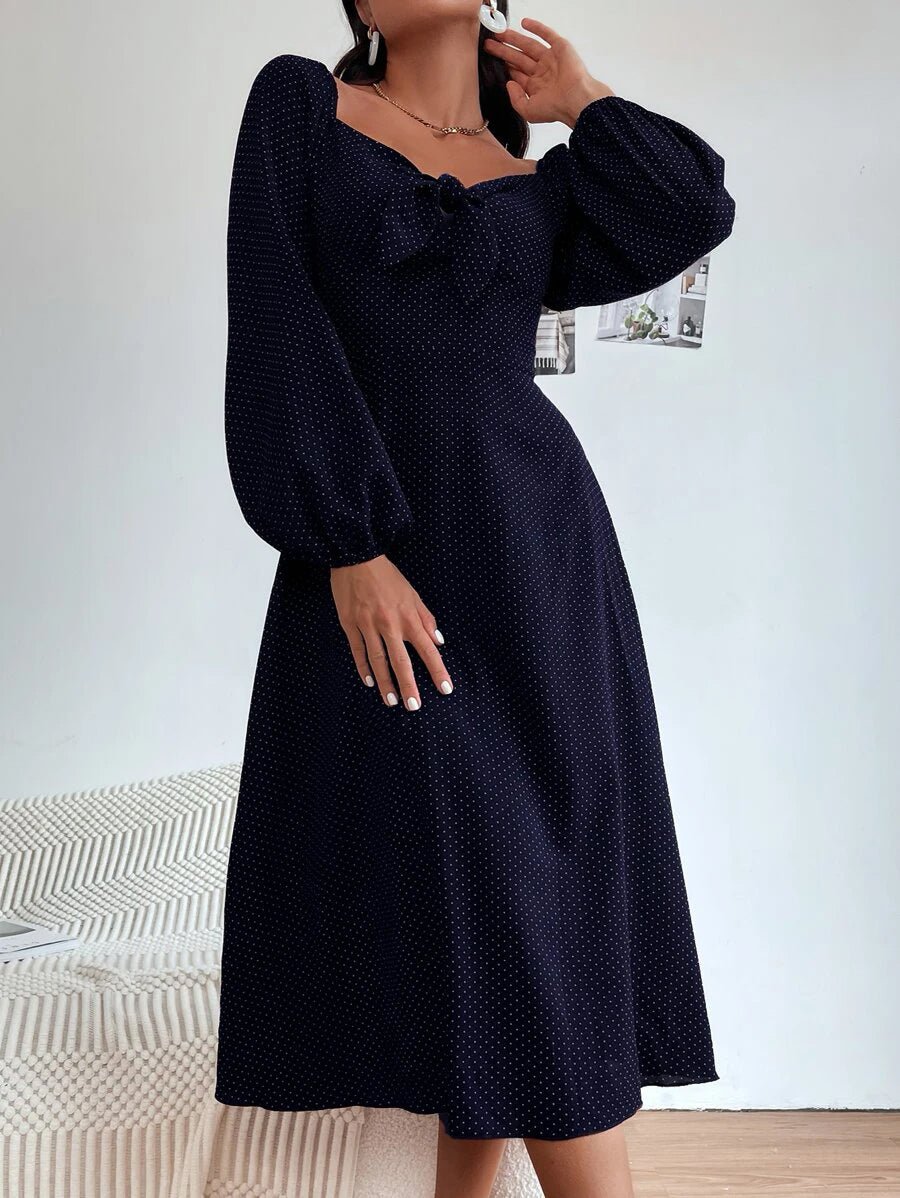 Buy Shein Polka Dot Print Knot Front Lantern Sleeve Dress in Pakistan