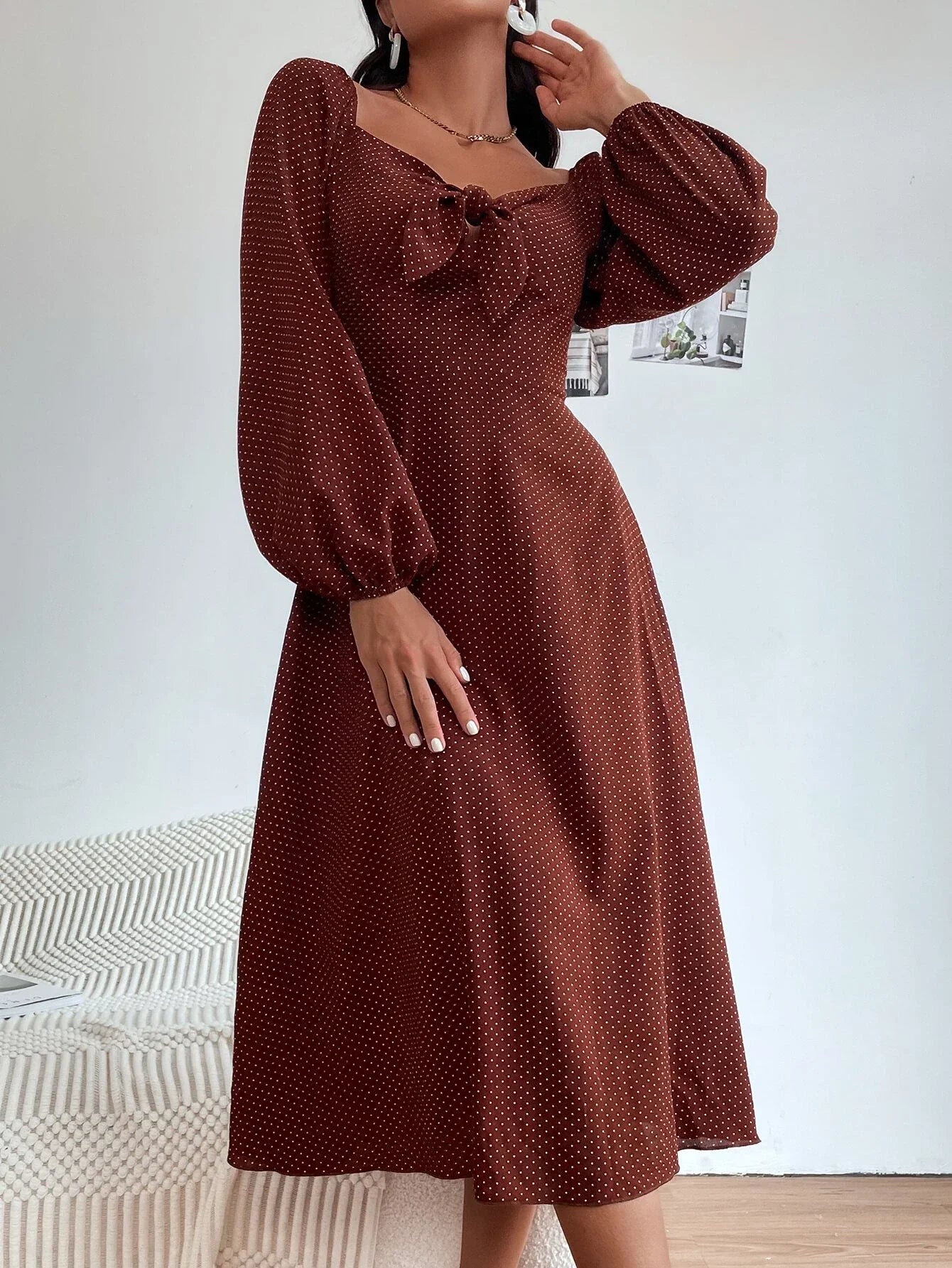 Buy Shein Polka Dot Print Knot Front Lantern Sleeve Dress in Pakistan