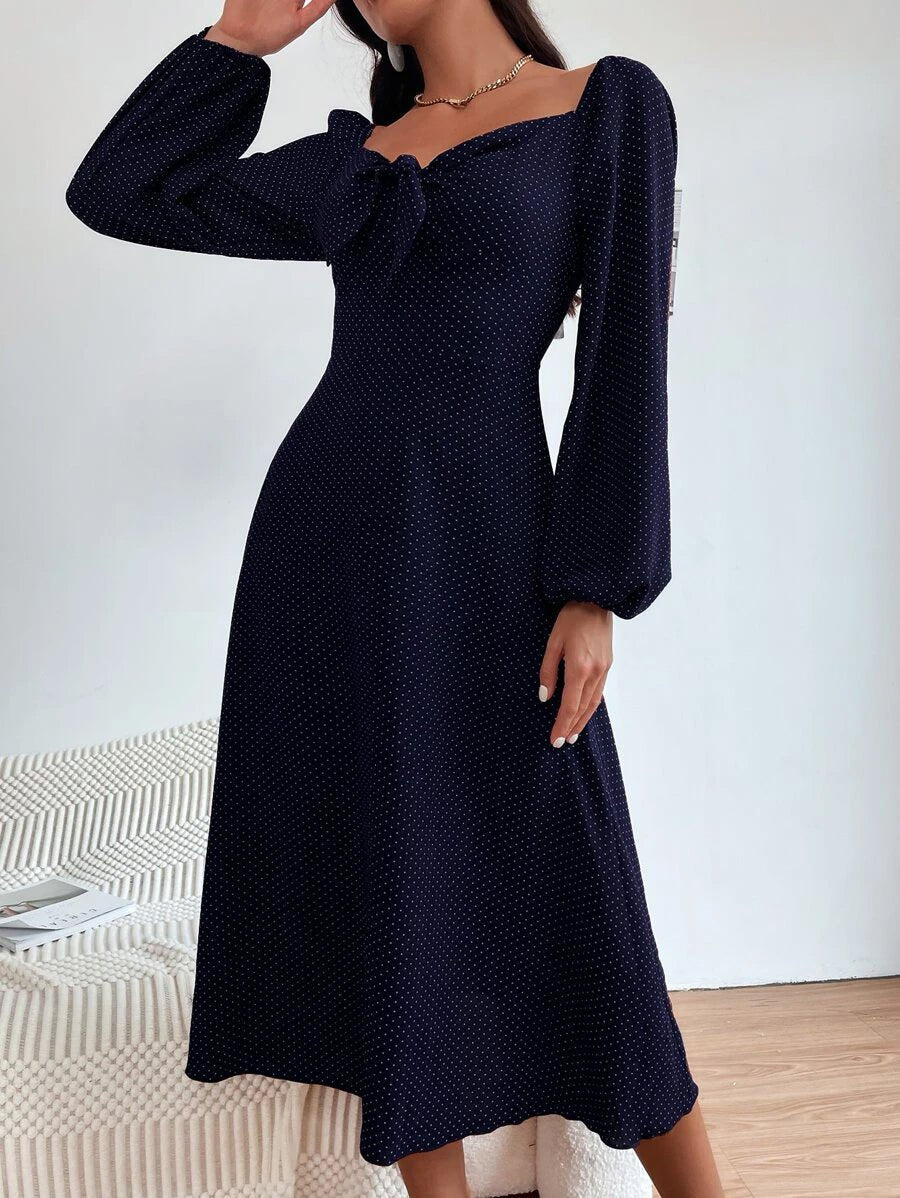 Buy Shein Polka Dot Print Knot Front Lantern Sleeve Dress in Pakistan