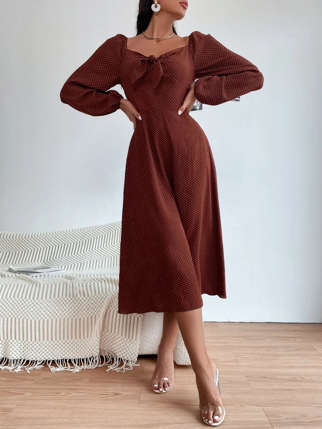 Buy Shein Polka Dot Print Knot Front Lantern Sleeve Dress in Pakistan