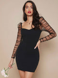 Buy Shein Ruched Sheer Mesh Gigot Sleeve Bodycon Dress in Pakistan