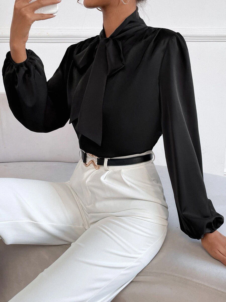 Buy Shein Satin Tie Neck Bishop Sleeve Blouse in Pakistan