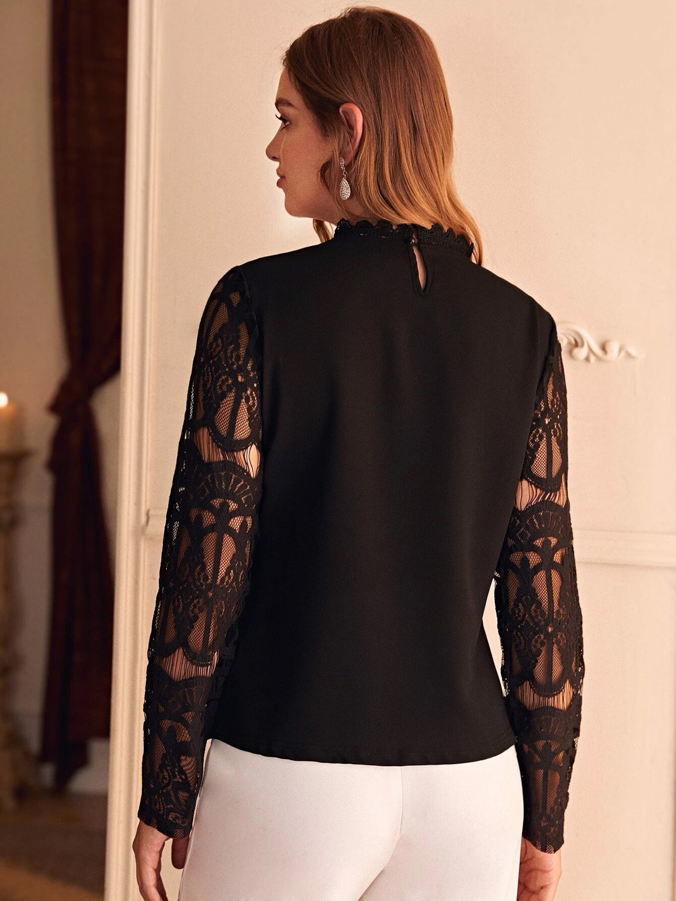 Buy SHEIN Sheer Mesh Panel Scallop Trim Blouse in Pakistan