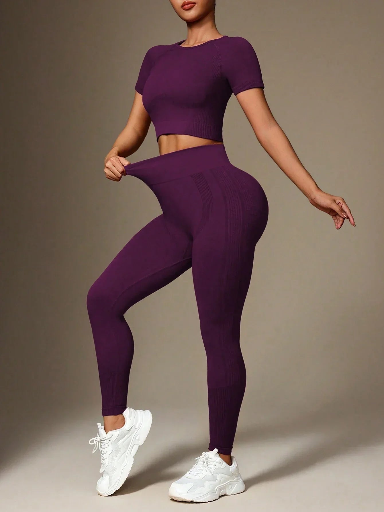 Buy SHEIN Slayoga Women Plain Solid Color Crew Neck Short Sleeve Top And Stretchy Seamless Long Pants Athletic Sportswear Set Workout Women Set Women Leggings Set in Pakistan