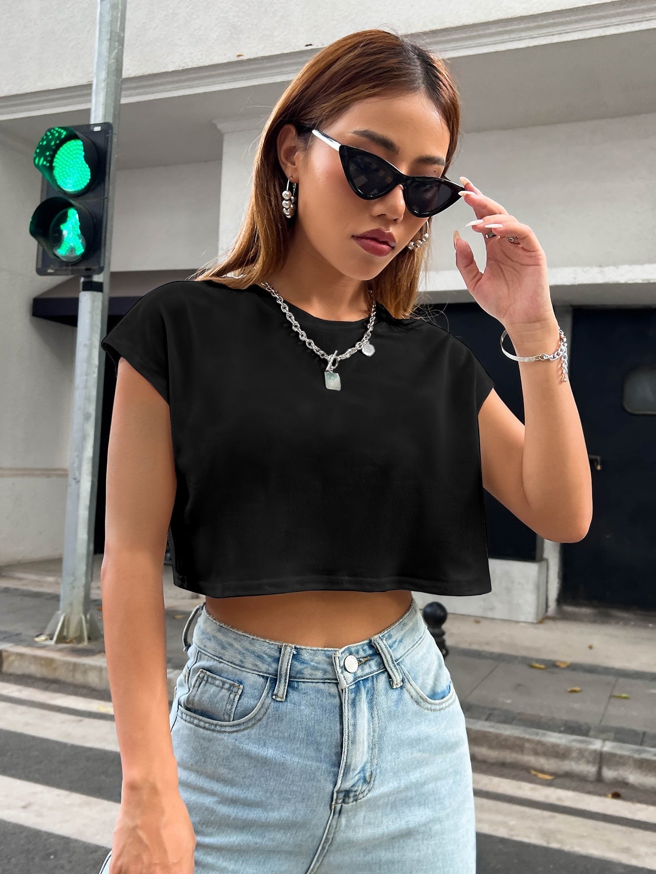 Buy SHEIN Solid Batwing Sleeve Crop Tee in Pakistan