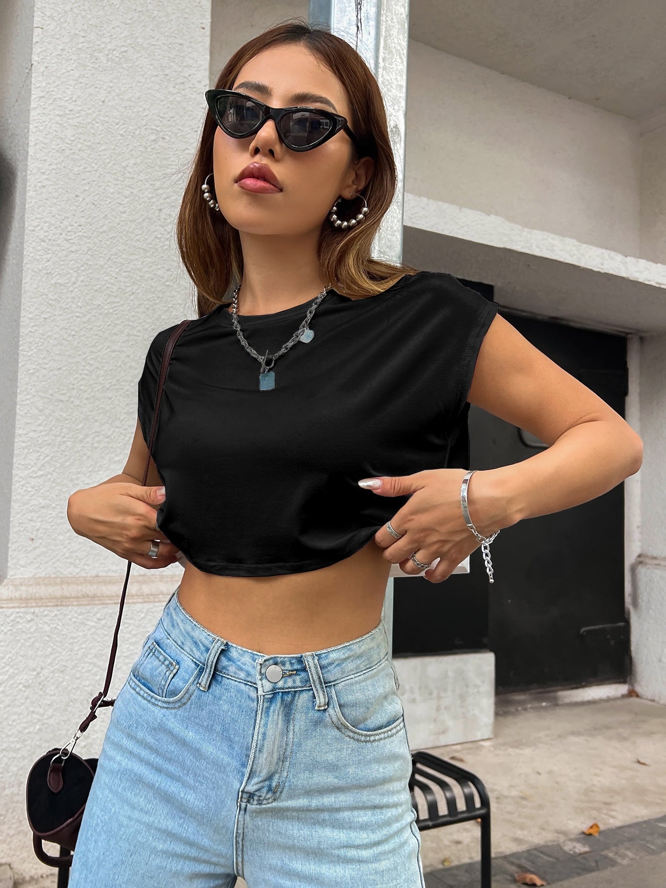 Buy SHEIN Solid Batwing Sleeve Crop Tee in Pakistan