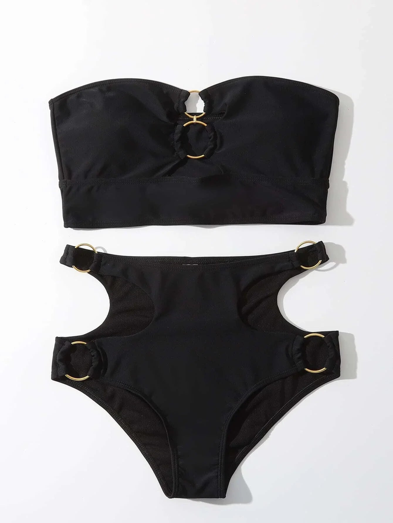 Buy SHEIN Solid Bikini Set Cut-Out Ring Linked Bandeau Bra & High Waisted Bottom 2 Piece Bathing Suit in Pakistan
