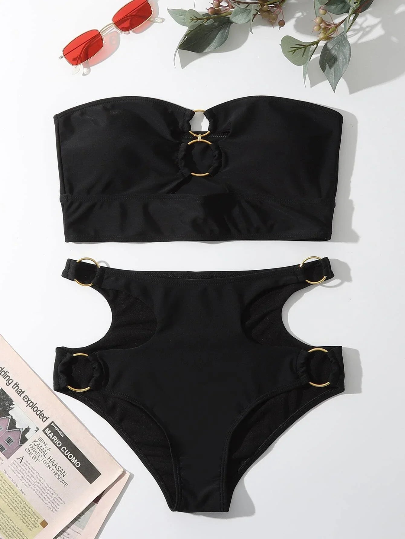 Buy SHEIN Solid Bikini Set Cut-Out Ring Linked Bandeau Bra & High Waisted Bottom 2 Piece Bathing Suit in Pakistan