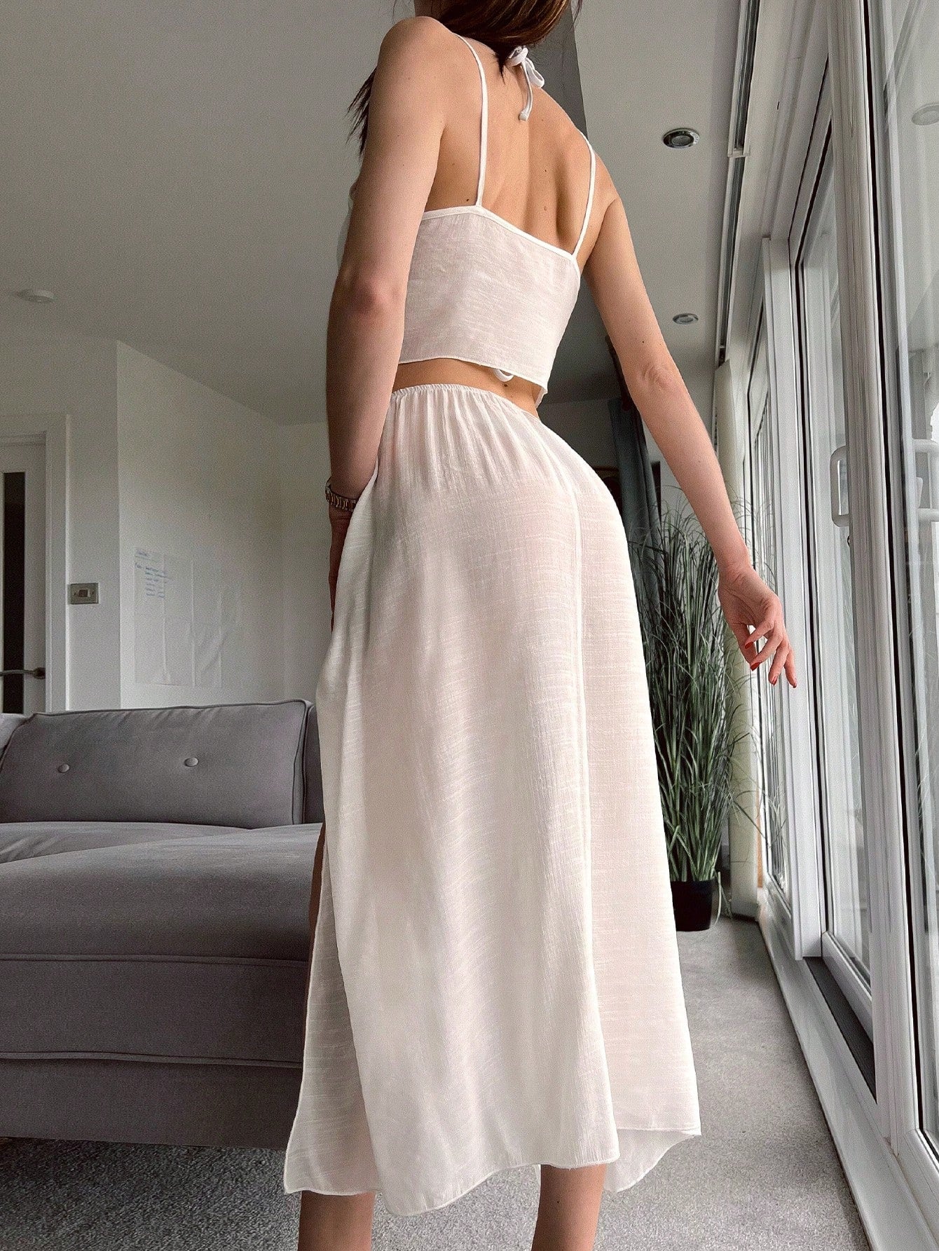 Buy SHEIN Solid Knot Front Cover Up Top & Split Thigh Skirt in Pakistan