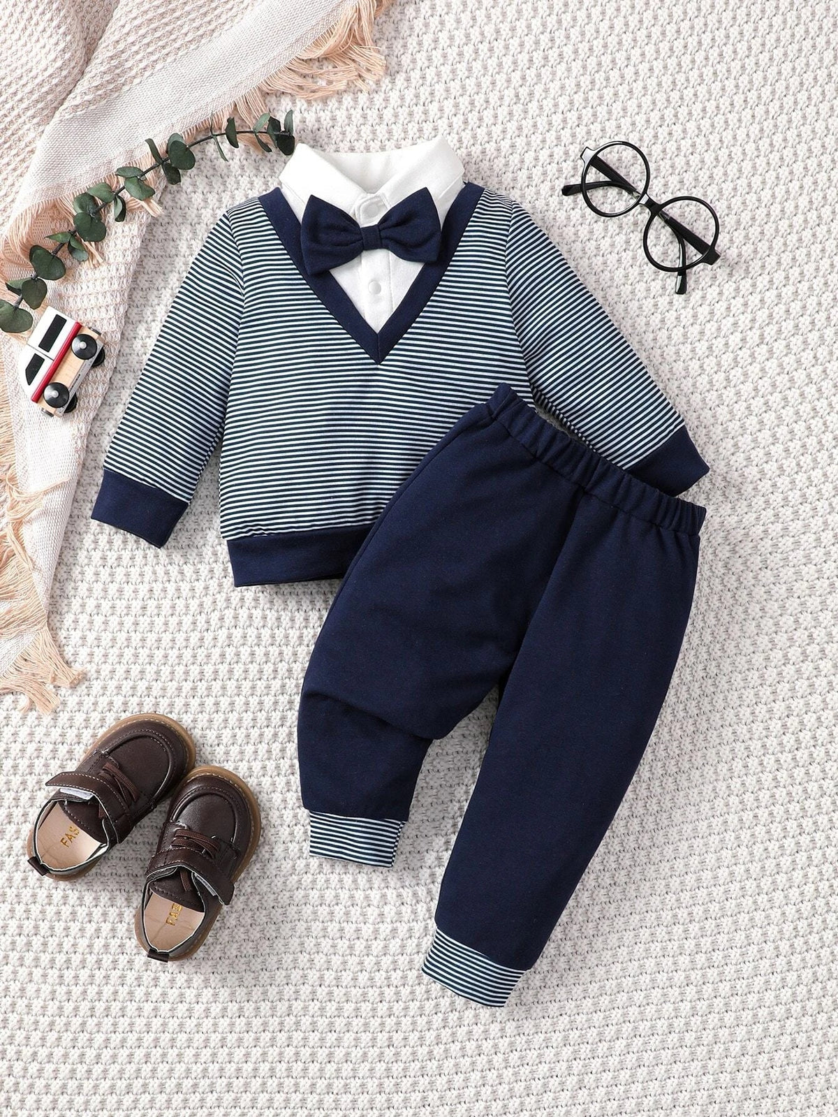 Buy SHEIN Souflis Baby Boy Striped Bow Front 2 In 1 Sweatshirt & Sweatpants in Pakistan