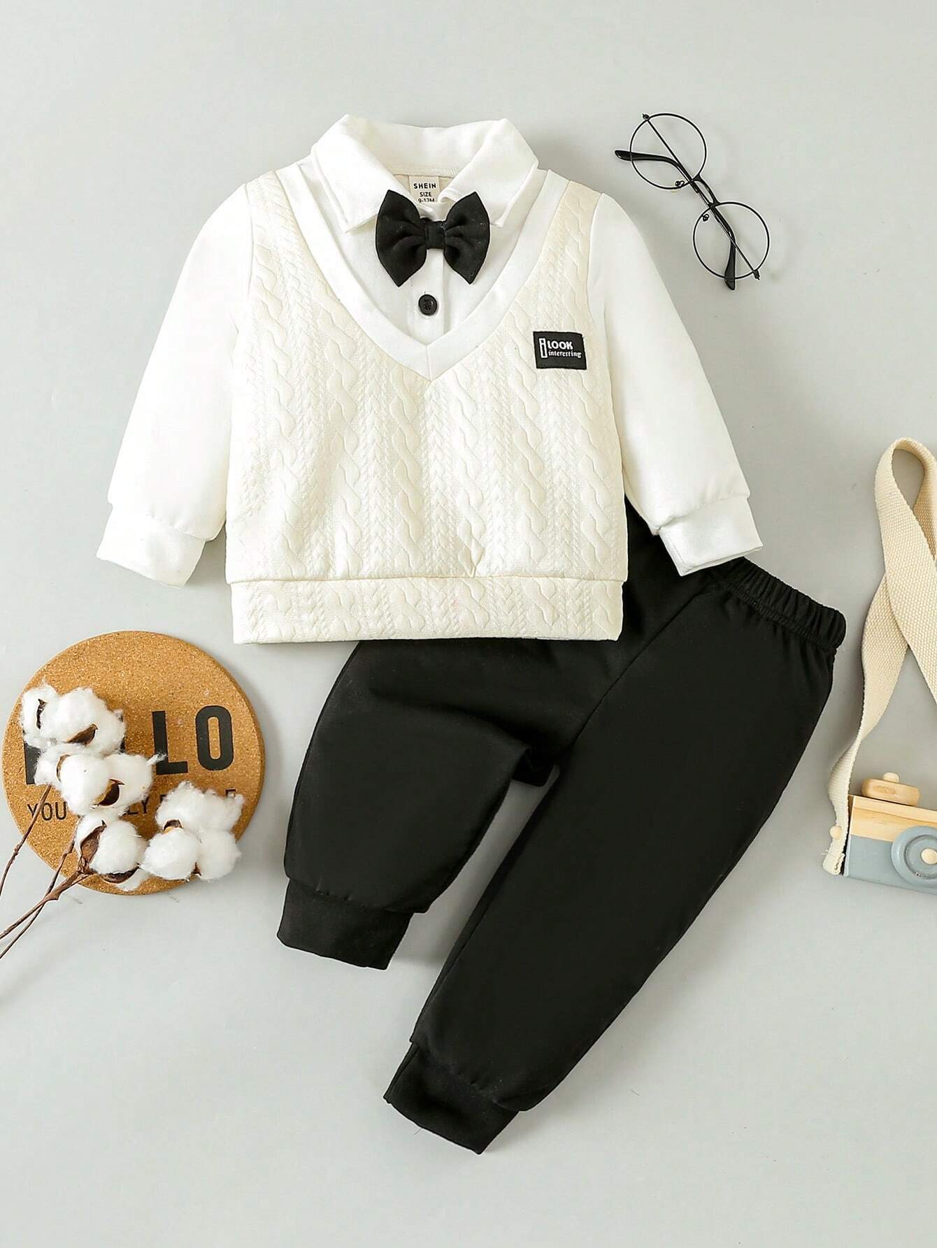 Buy SHEIN Souflis Baby Boys' Button Closure Long Sleeve 2-In-1 Sweatshirt And Pants With Detachable Bow Tie, Gentleman Style Academy Outfits, 3pcs/Set in Pakistan