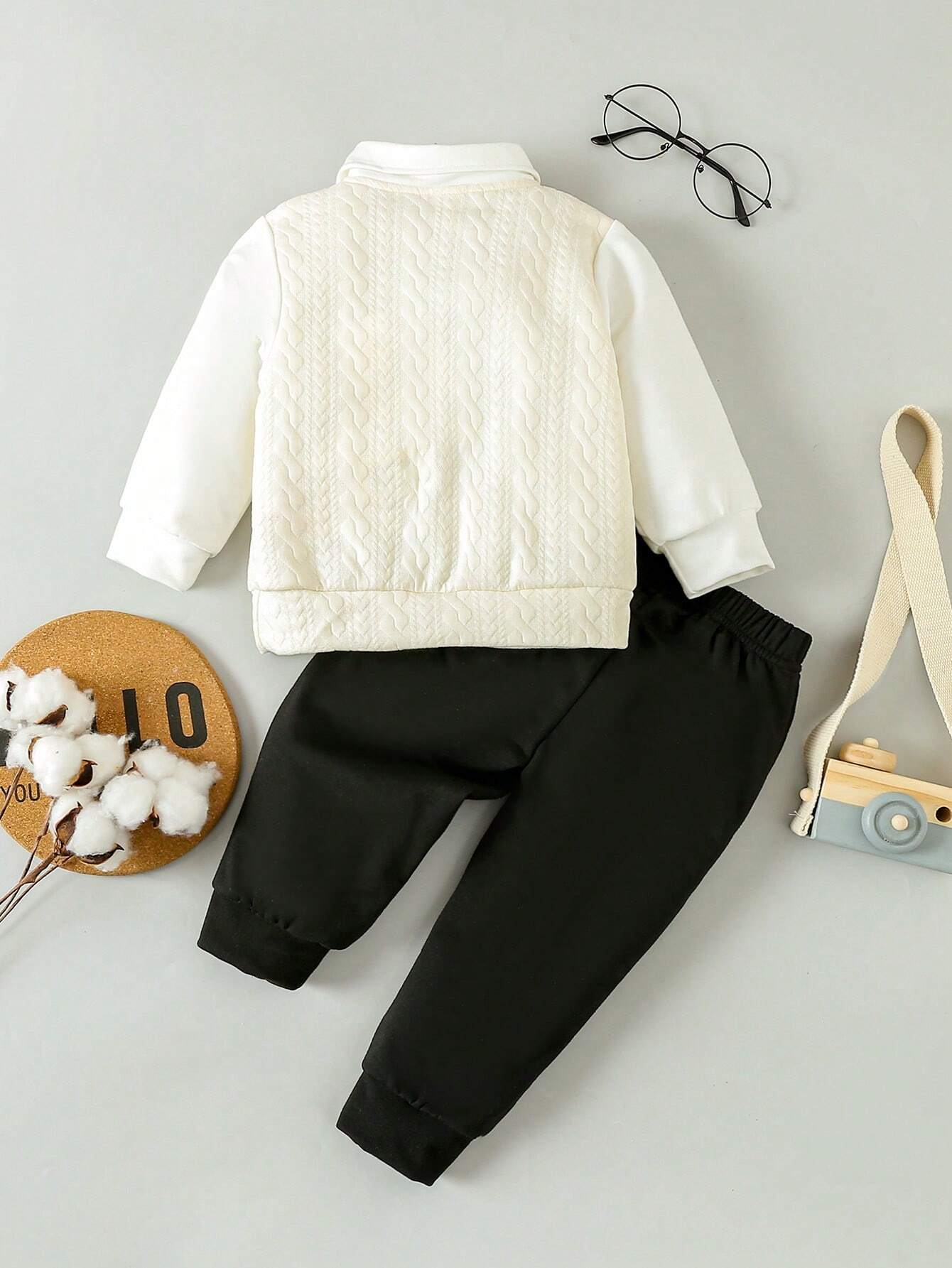 Buy SHEIN Souflis Baby Boys' Button Closure Long Sleeve 2-In-1 Sweatshirt And Pants With Detachable Bow Tie, Gentleman Style Academy Outfits, 3pcs/Set in Pakistan