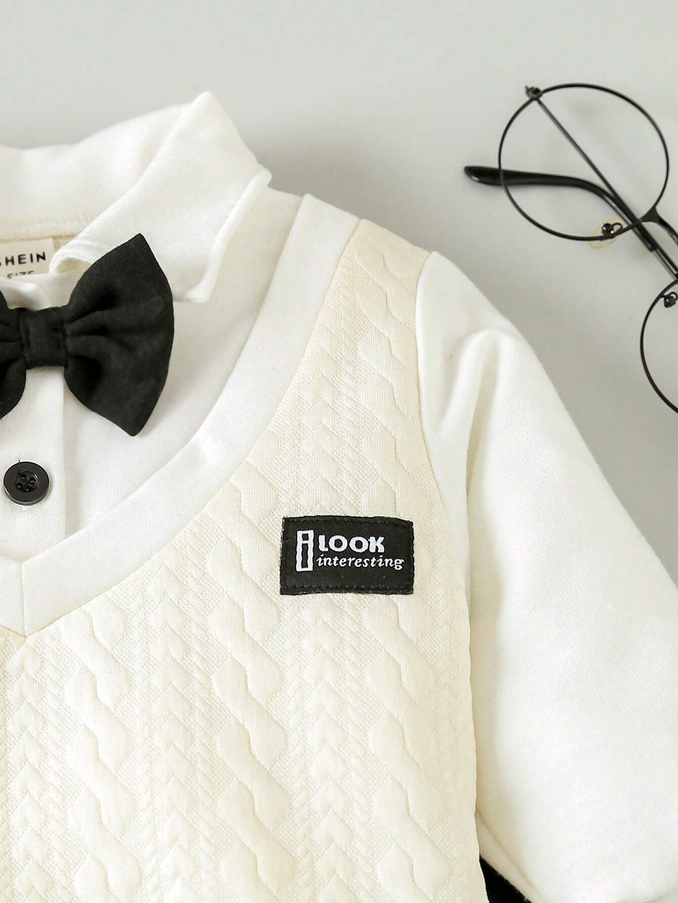 Buy SHEIN Souflis Baby Boys' Button Closure Long Sleeve 2-In-1 Sweatshirt And Pants With Detachable Bow Tie, Gentleman Style Academy Outfits, 3pcs/Set in Pakistan