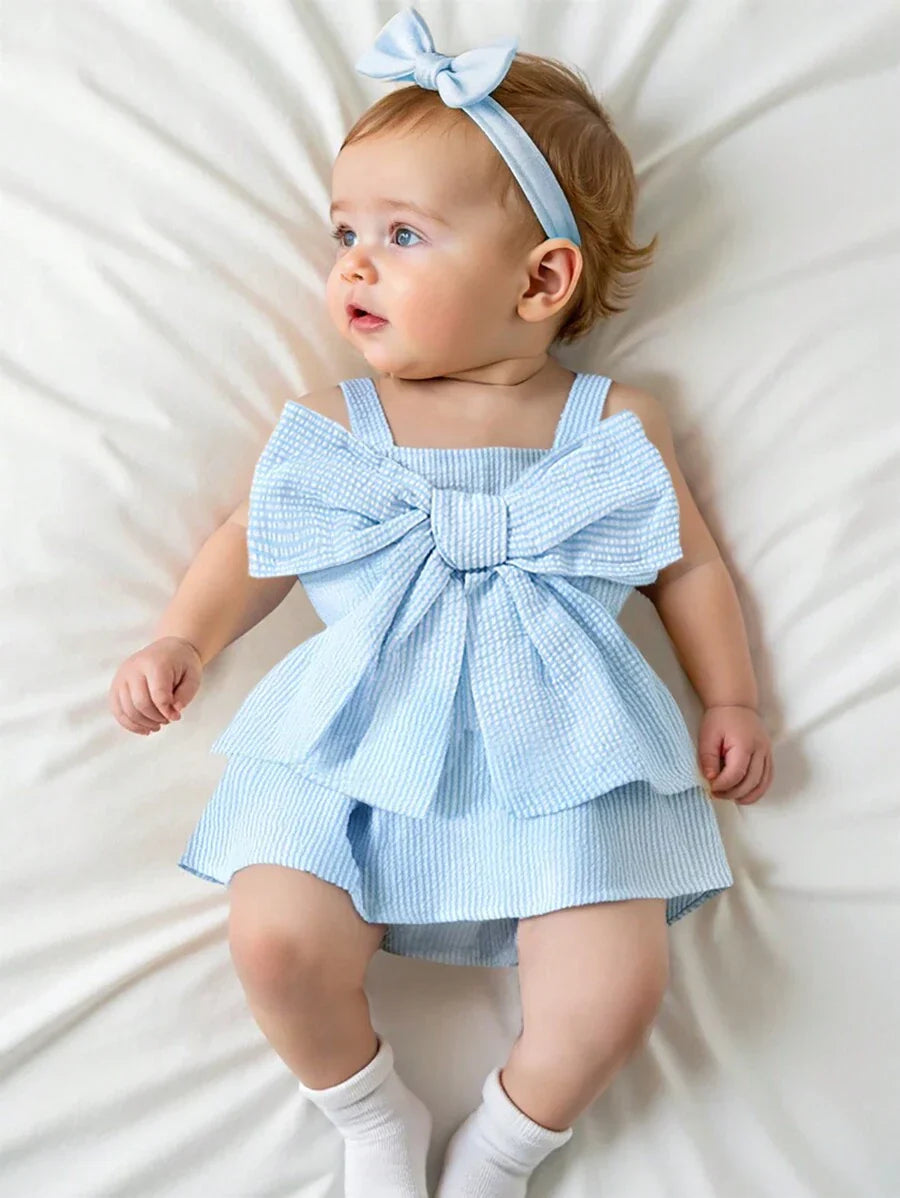 Buy SHEIN Souflis Souflis Baby Girl Cute Summer Fashion Blue Striped Romper With Bow Shoulder Straps in Pakistan