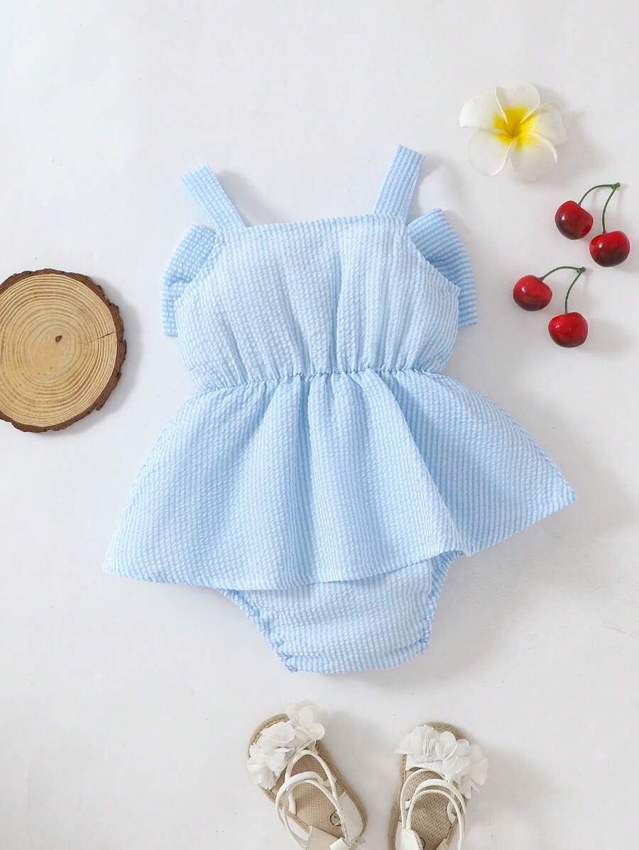 Buy SHEIN Souflis Souflis Baby Girl Cute Summer Fashion Blue Striped Romper With Bow Shoulder Straps in Pakistan