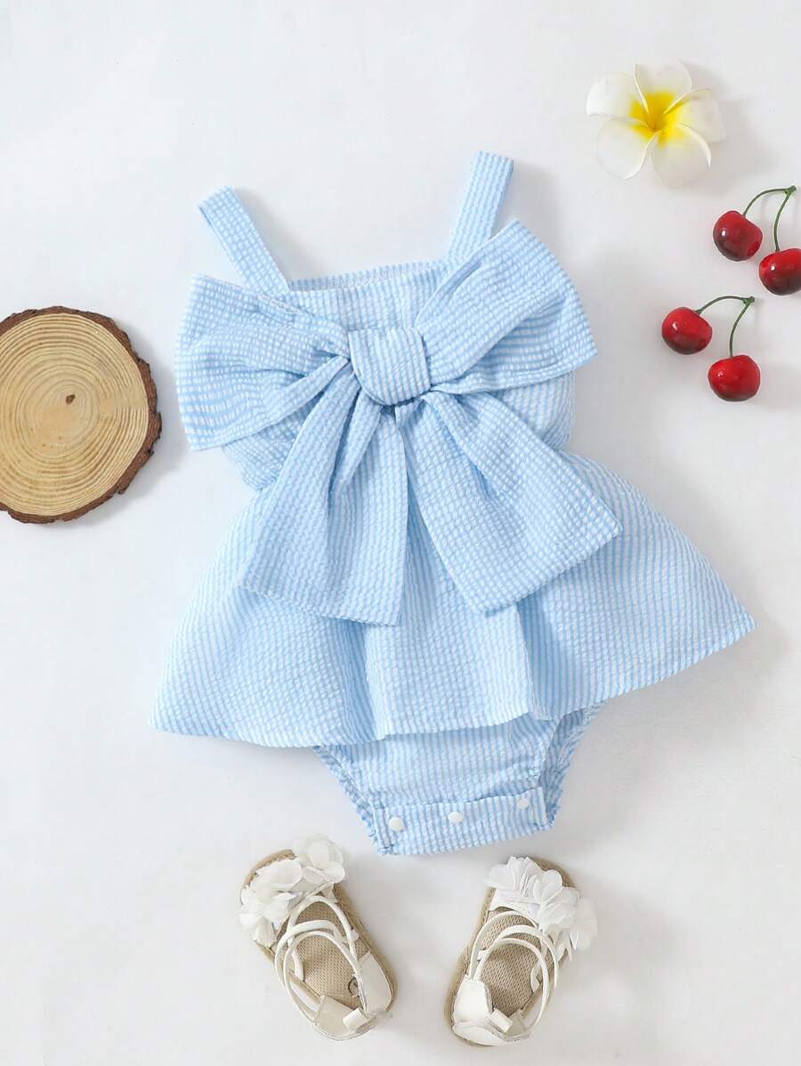 Buy SHEIN Souflis Souflis Baby Girl Cute Summer Fashion Blue Striped Romper With Bow Shoulder Straps in Pakistan