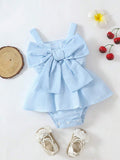 Buy SHEIN Souflis Souflis Baby Girl Cute Summer Fashion Blue Striped Romper With Bow Shoulder Straps in Pakistan