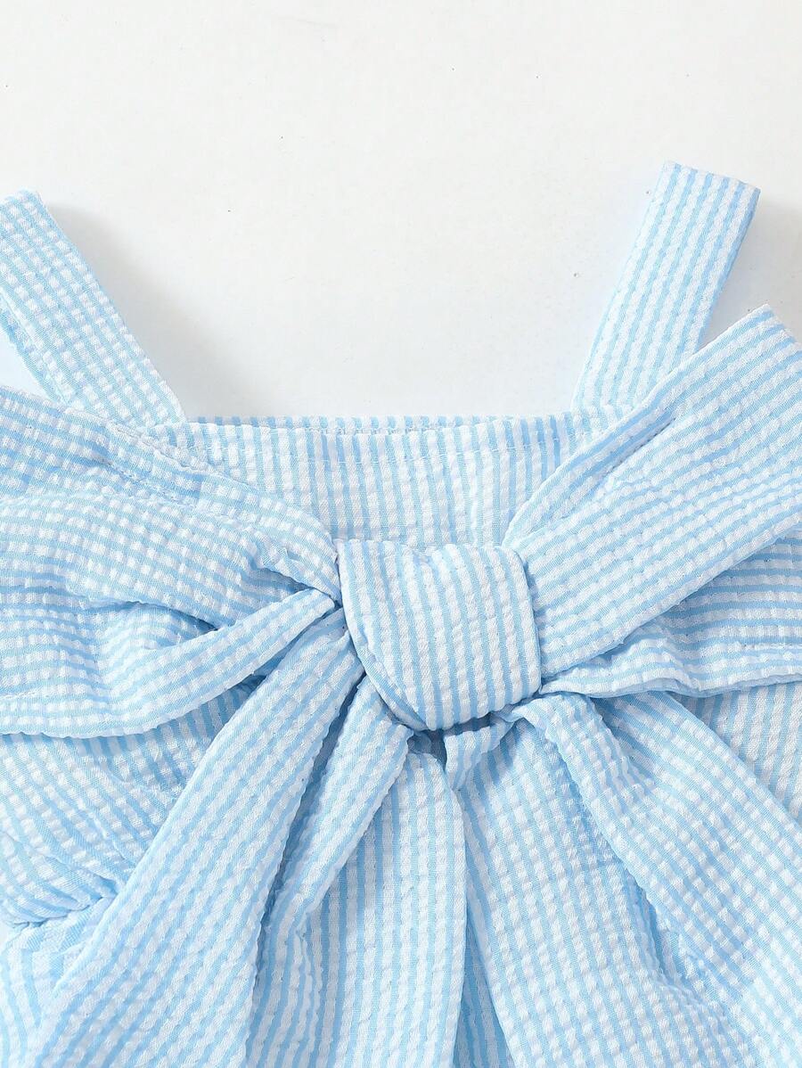 Buy SHEIN Souflis Souflis Baby Girl Cute Summer Fashion Blue Striped Romper With Bow Shoulder Straps in Pakistan