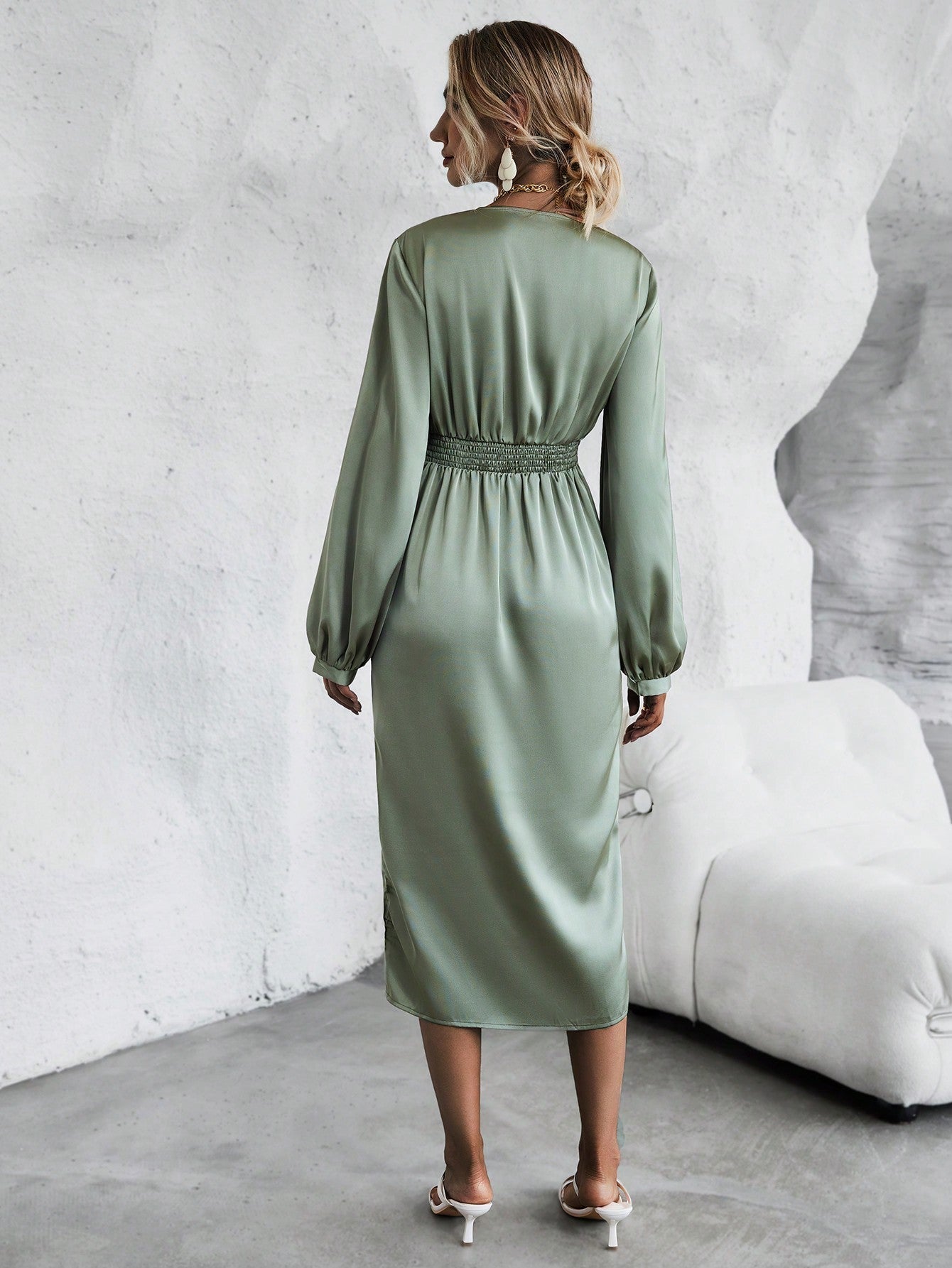 Buy SHEIN Square Neck Lantern Sleeve Split Thigh Satin Dress in Pakistan