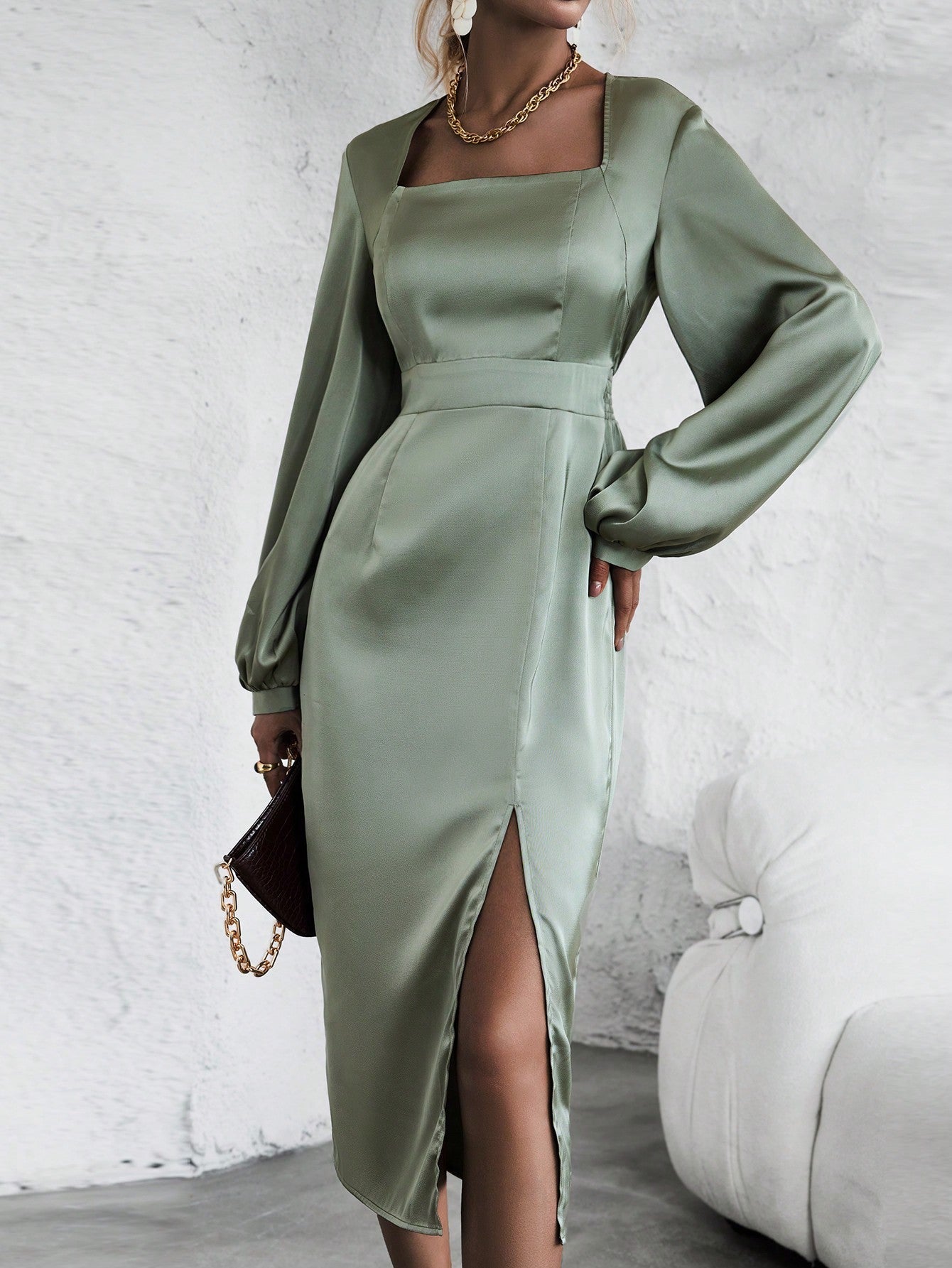 Buy SHEIN Square Neck Lantern Sleeve Split Thigh Satin Dress in Pakistan