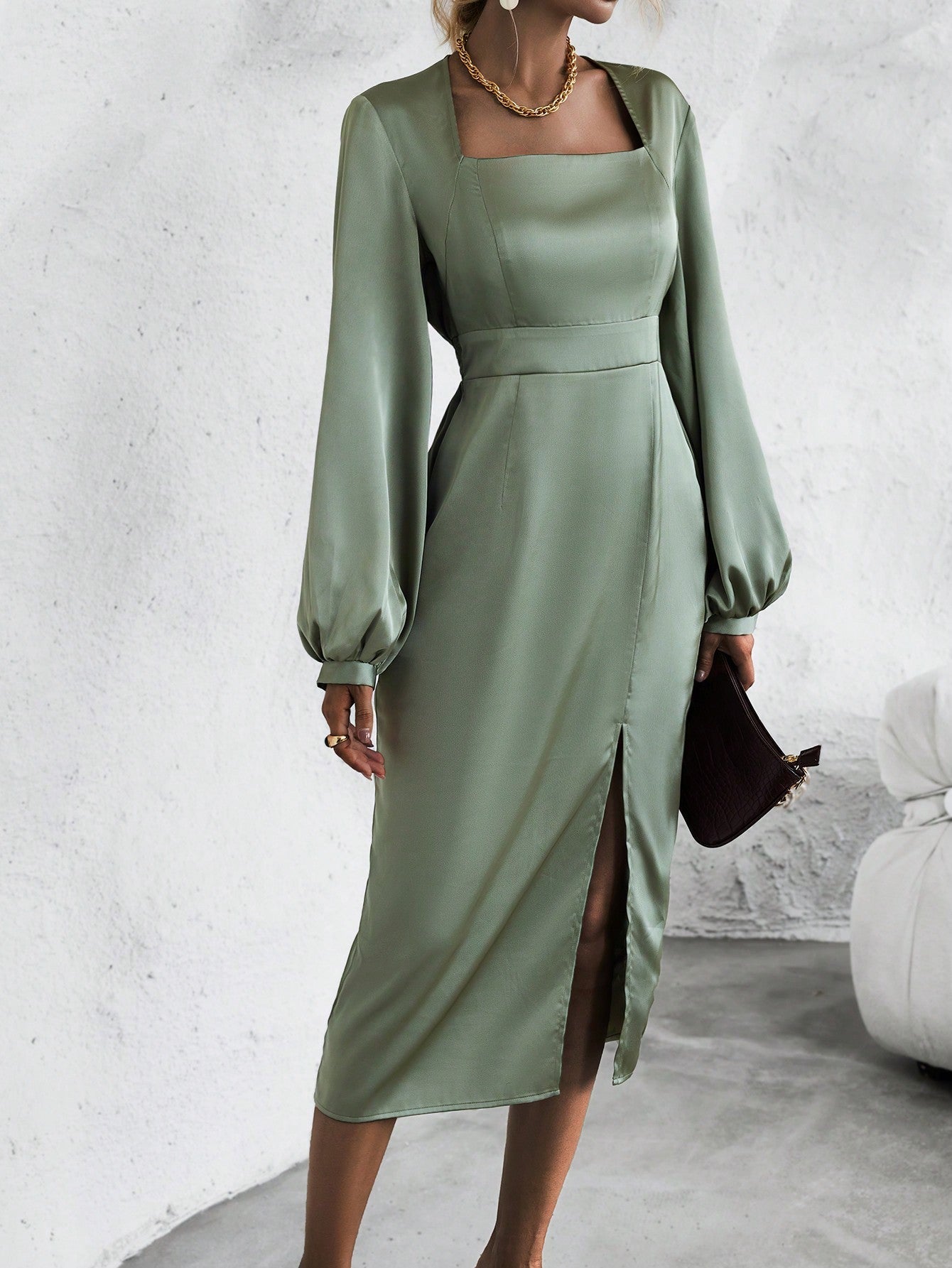 Buy SHEIN Square Neck Lantern Sleeve Split Thigh Satin Dress in Pakistan