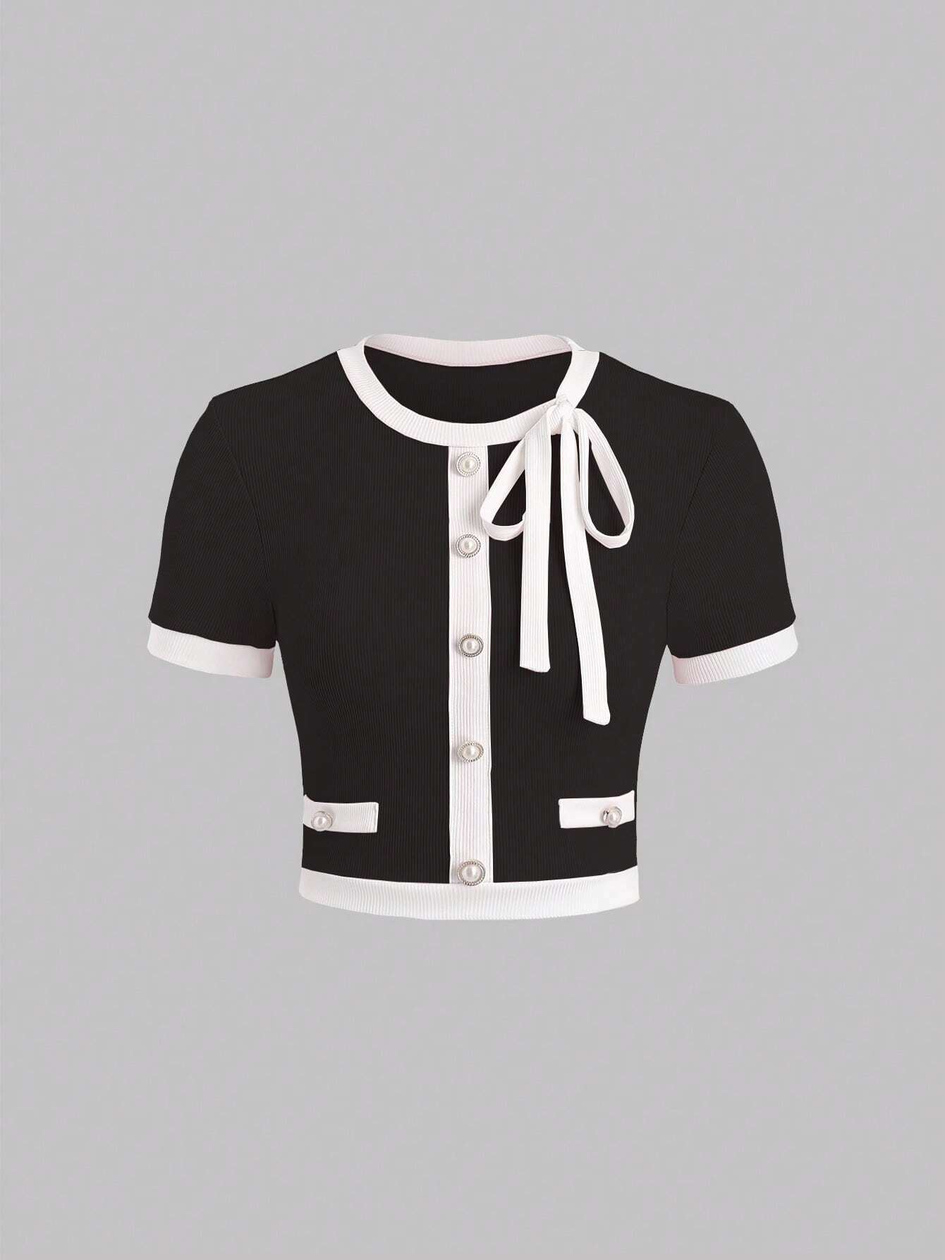 Buy SHEIN Sweetra Contrast Trim Tie Front Tee Graphic Tees Women Tops in Pakistan