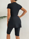 Buy SHEIN Swim Mulvari 3pcs/Set Women Solid Color Crew Neck Short Sleeve Zipper Burkini Top, Swim Shorts And Mini Skirt Swimsuit, Sports Surfwear SummerArabic Clothing in Pakistan