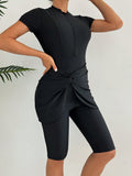 Buy SHEIN Swim Mulvari 3pcs/Set Women Solid Color Crew Neck Short Sleeve Zipper Burkini Top, Swim Shorts And Mini Skirt Swimsuit, Sports Surfwear SummerArabic Clothing in Pakistan
