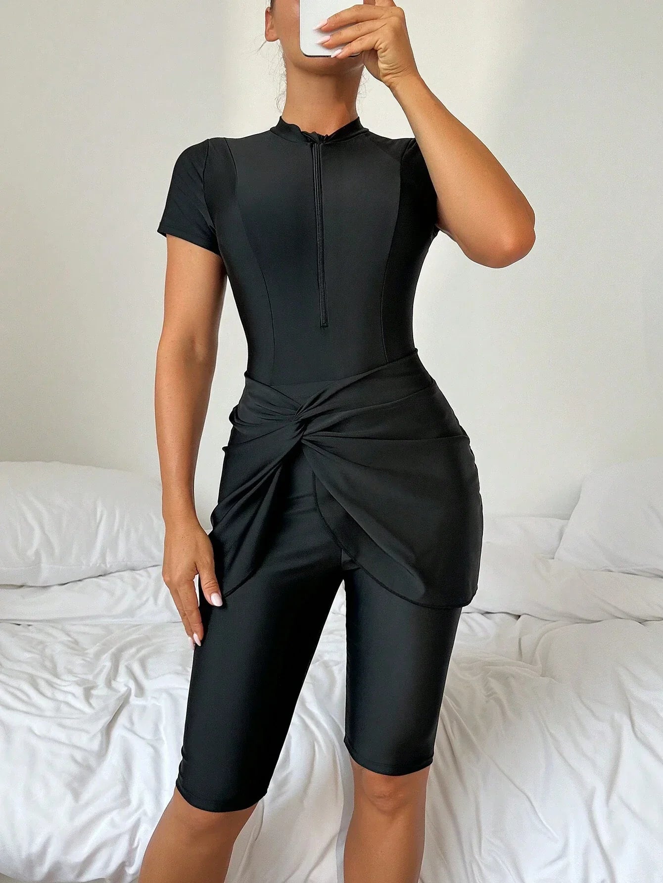 Buy SHEIN Swim Mulvari 3pcs/Set Women Solid Color Crew Neck Short Sleeve Zipper Burkini Top, Swim Shorts And Mini Skirt Swimsuit, Sports Surfwear SummerArabic Clothing in Pakistan