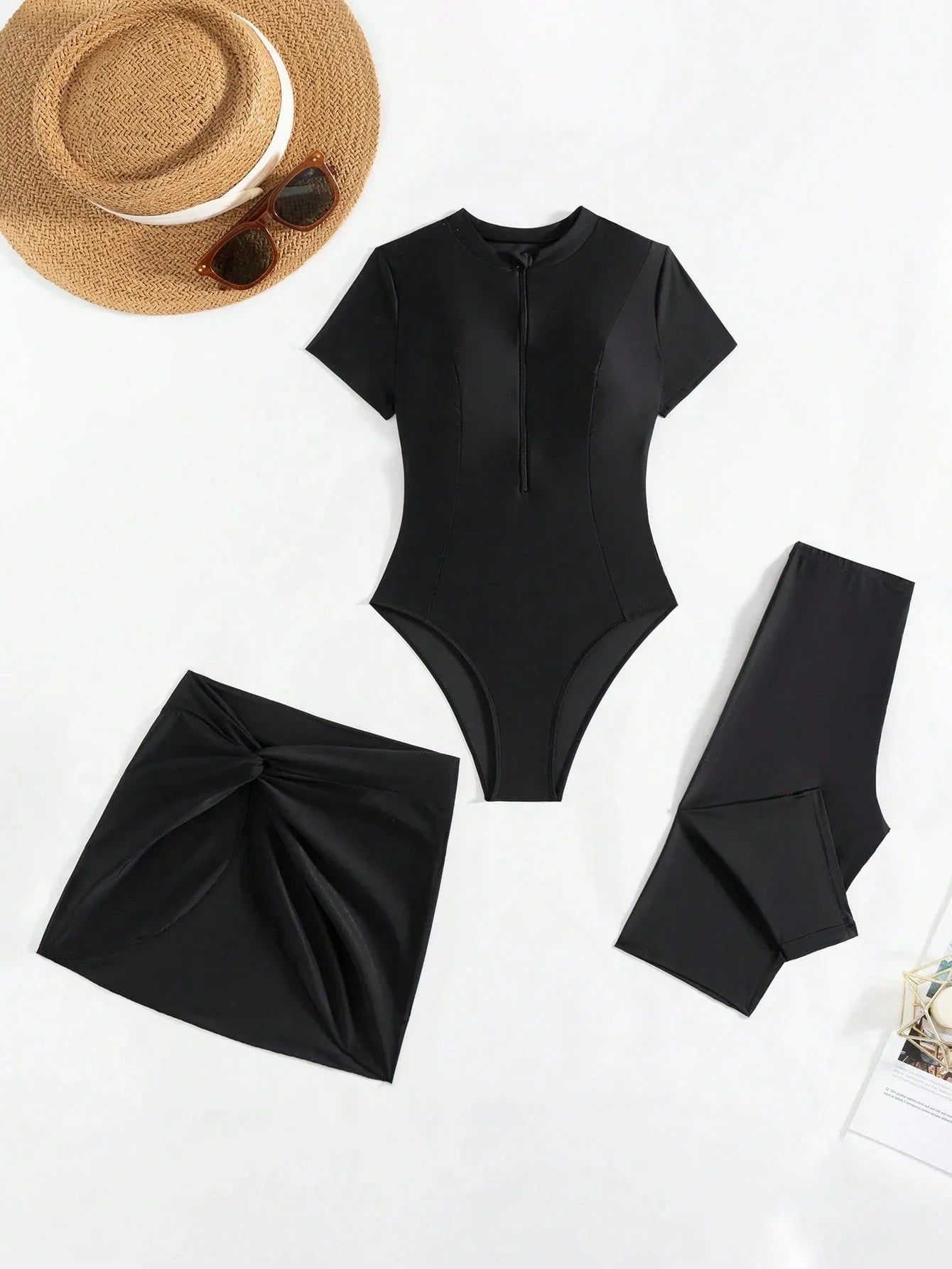 Buy SHEIN Swim Mulvari 3pcs/Set Women Solid Color Crew Neck Short Sleeve Zipper Burkini Top, Swim Shorts And Mini Skirt Swimsuit, Sports Surfwear SummerArabic Clothing in Pakistan