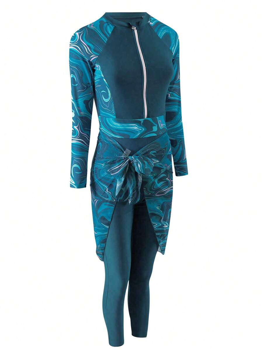 Buy SHEIN Swim Shayni Marble Print Zip Front Burkini With Beach Skirt Summer in Pakistan