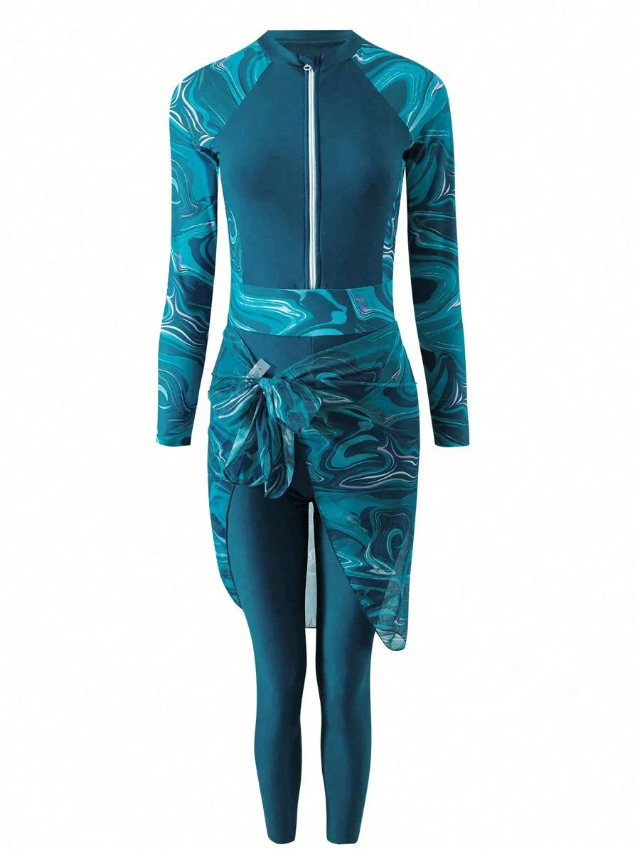 Buy SHEIN Swim Shayni Marble Print Zip Front Burkini With Beach Skirt Summer in Pakistan
