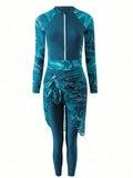 Buy SHEIN Swim Shayni Marble Print Zip Front Burkini With Beach Skirt Summer in Pakistan