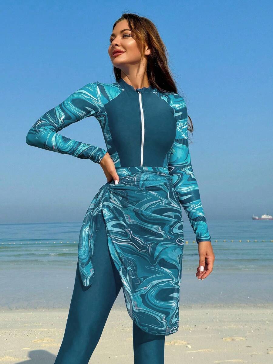 Buy SHEIN Swim Shayni Marble Print Zip Front Burkini With Beach Skirt Summer in Pakistan