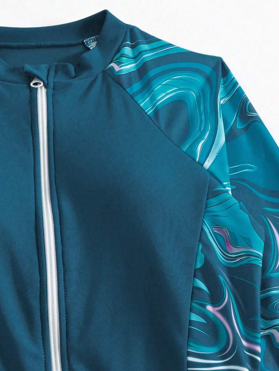 Buy SHEIN Swim Shayni Marble Print Zip Front Burkini With Beach Skirt Summer in Pakistan