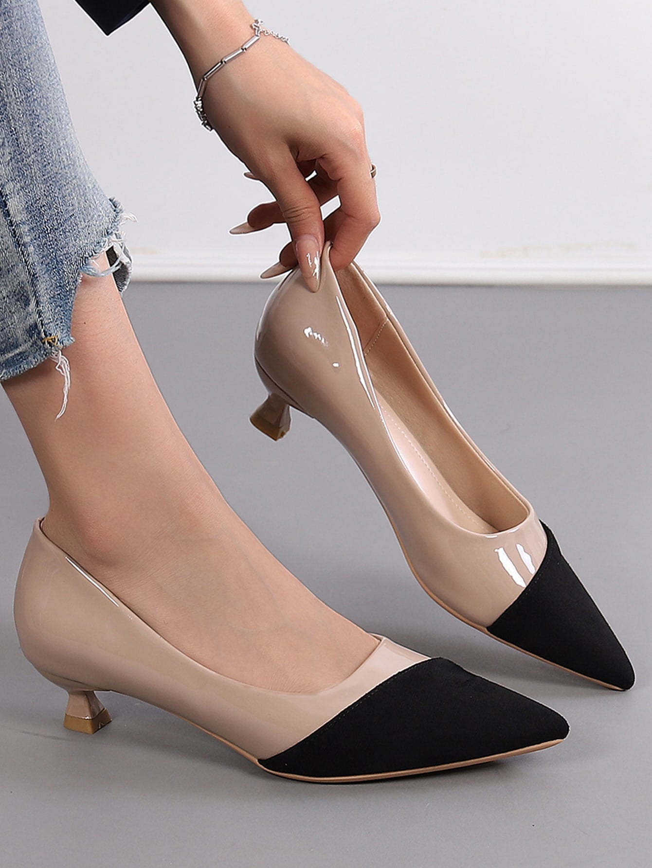 Buy SHEIN Two Tone Point Toe Heeled Court Pumps, Multicolor Elegant Color Blocking Women's High Heel Single Shoes in Pakistan