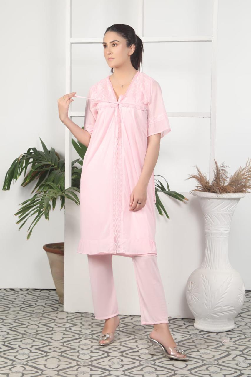 Buy Florea - 3 Pcs Nighty Set With Gown - 001 in Pakistan