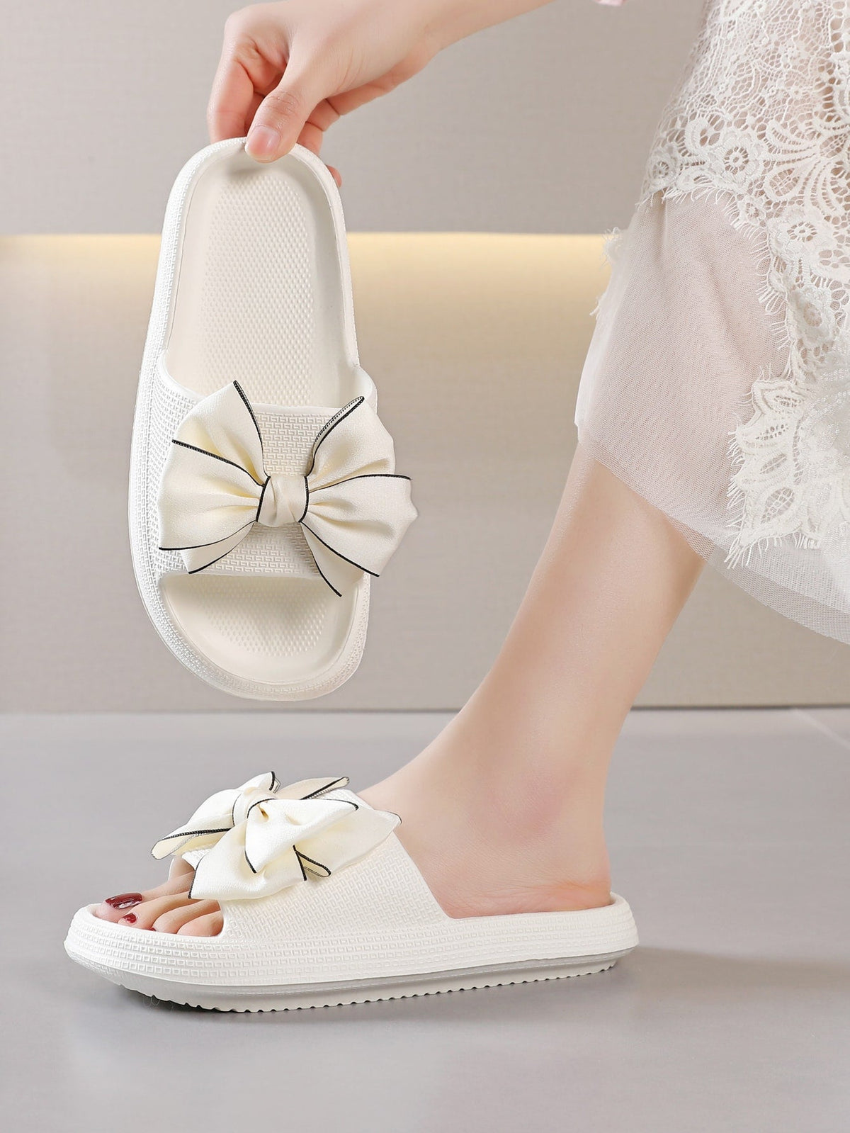 Buy SHEIN Women Bow Decor Slides, Preppy White Solid Slides in Pakistan