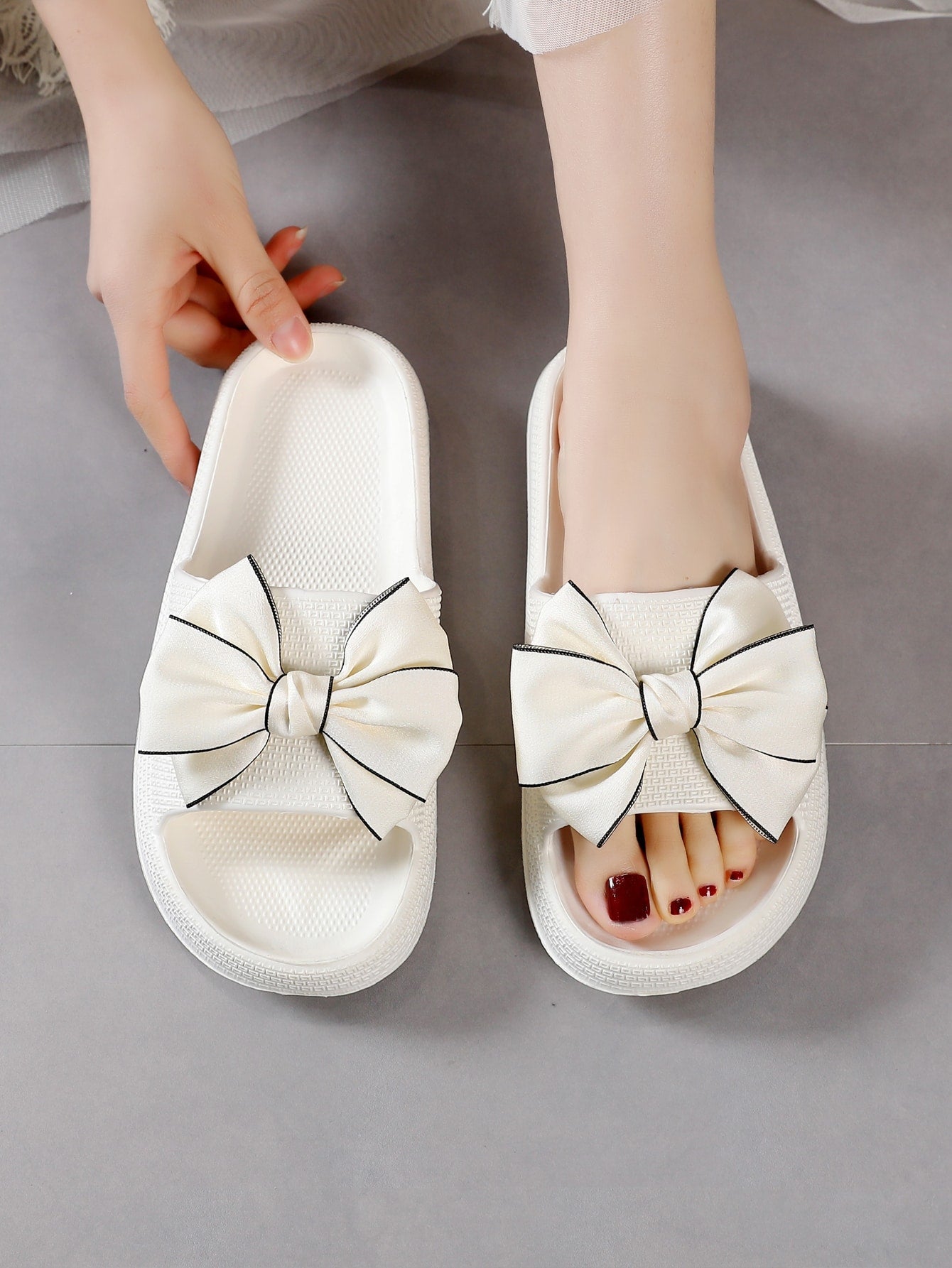 Buy SHEIN Women Bow Decor Slides, Preppy White Solid Slides in Pakistan