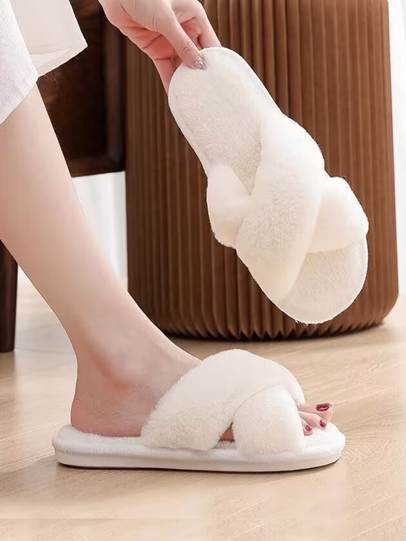 Buy SHEIN Women Cross Strap Fluffy Bedroom Slippers, Fabric Fashion Slippers White in Pakistan