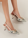 Buy SHEIN Women Floral Embroidered Chain Decor Pumps, Polyester Slingback Stiletto Heeled Fashionable Pumps Beige in Pakistan