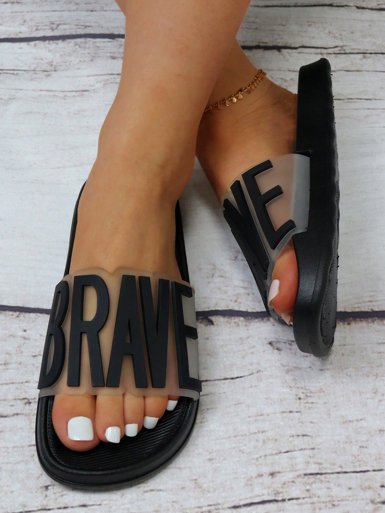 Buy SHEIN Women Letter Decor Single Band Slides, Fashionable Black Comfortable Slides in Pakistan