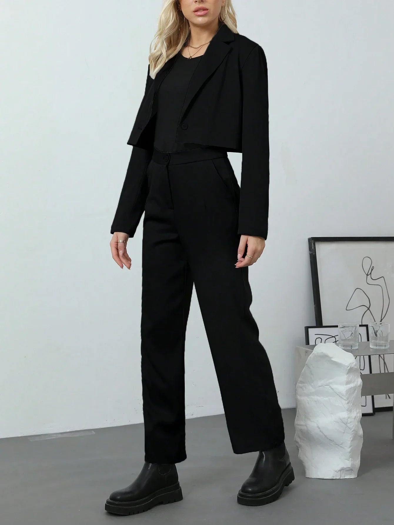 Buy SHEIN Women Solid Color Long Sleeve Simple Jacket And Long Pants 2-Piece Casual Outfit in Pakistan