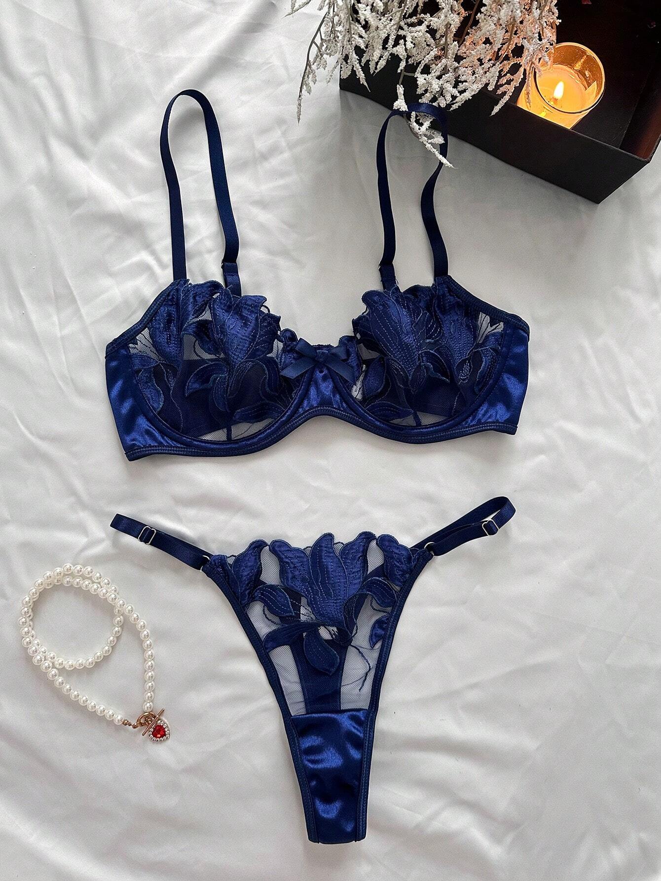 Buy SHEIN Women's Embroidered Mesh Patchwork Sexy Lingerie Set in Pakistan