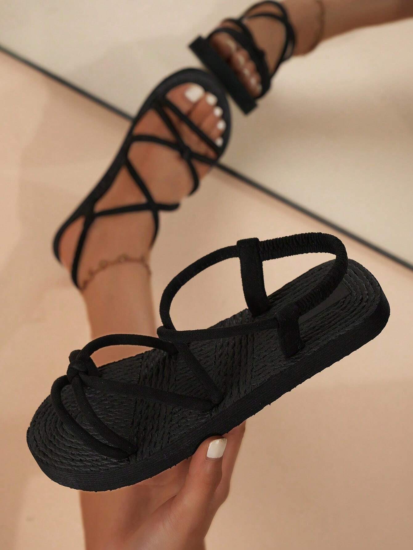 Buy SHEIN Women's Flat Sandals, Black Satin Cross Strappy Sandals With Suede-Like Rope Decoration, Simple Casual Style Perfect For Summer, Open Toe, Braided Soles, Vacation Style in Pakistan
