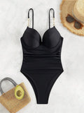 Buy SHEIN Women's Ruched Tummy Control One-Piece Swimsuit With Chain Shoulder Straps, For Summer Beach Swimwear in Pakistan
