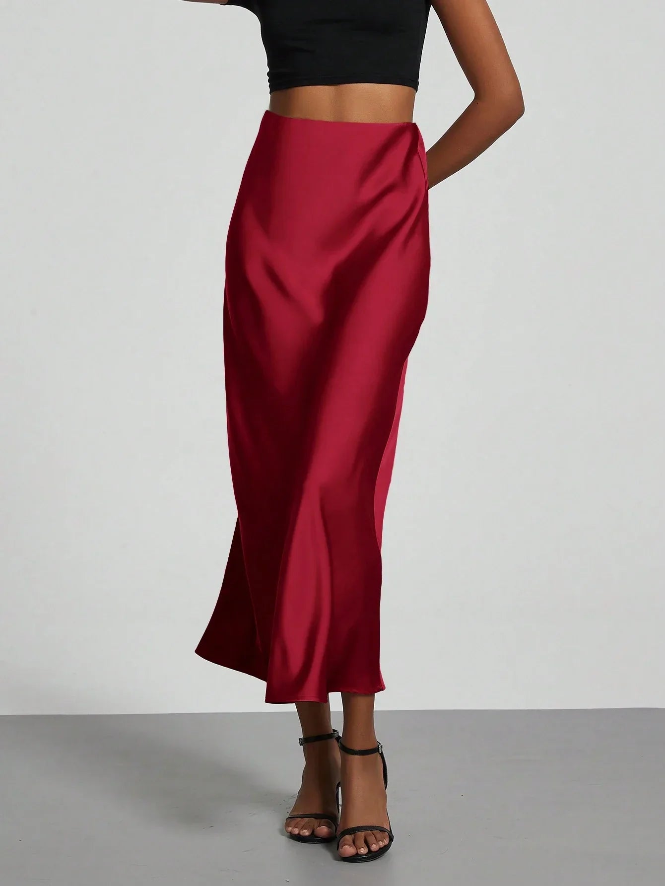 Buy SHEIN Women's Simple Solid Color Elastic Satin Texture Trumpet Hem Elegant Maxi Skirt in Pakistan